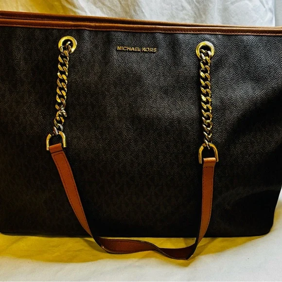 Michael Kors Jet Set Travel Brown Logo Coated Canvas Chain Tote Bag - Picture 6 of 16